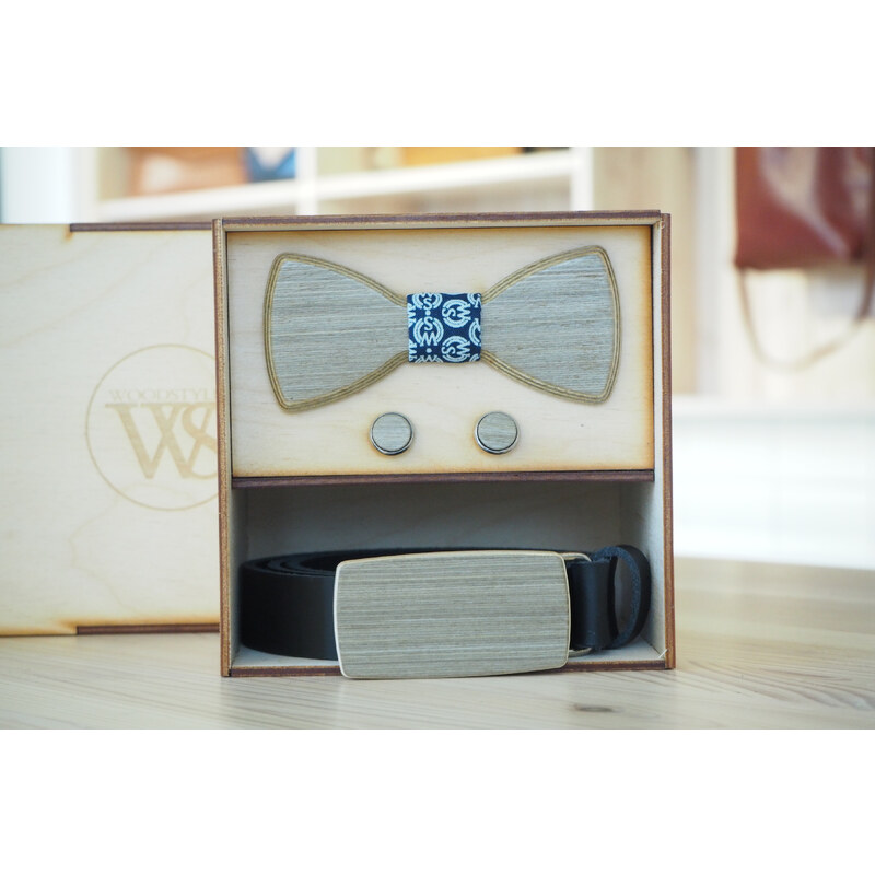 Wood Style Set Kulatý Šedé hedvábí - opasek,motýlek a manžetové