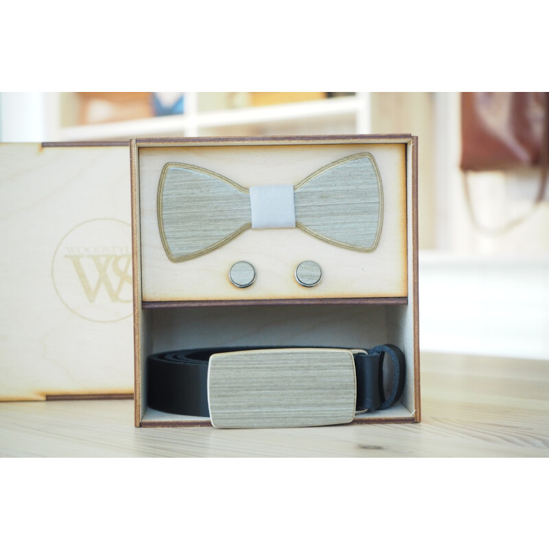 Wood Style Set Kulatý Šedé hedvábí - opasek,motýlek a manžetové