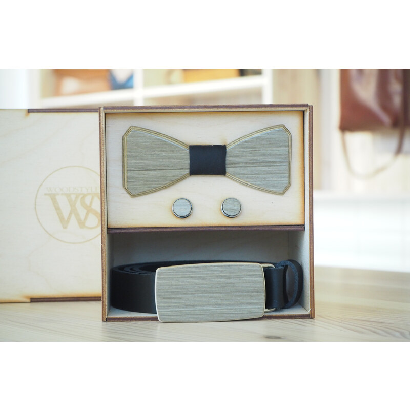 Wood Style Set Hranatý Šedé hedvábí - opasek,motýlek a manžetové