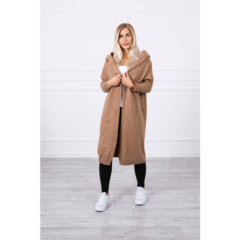 MladaModa Kardigánový svetr s kapucí a netopýřími rukávy model 2020-14 barva camel