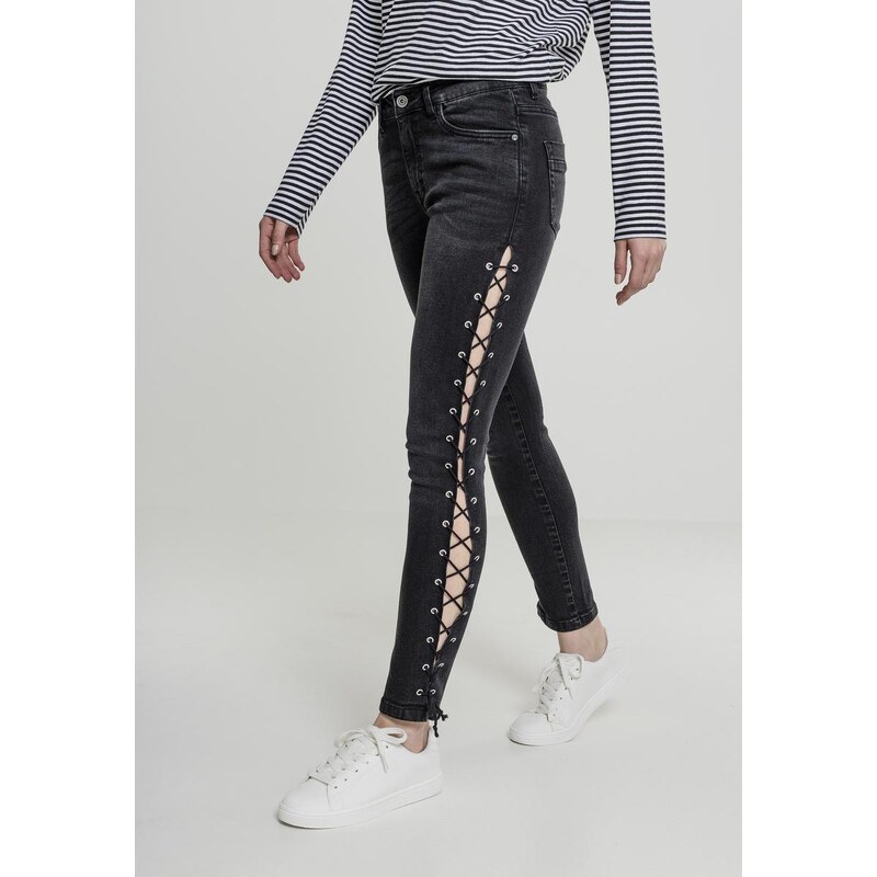 UC Ladies Dámské džínové kalhoty Lace Up Skinny Pants - černé