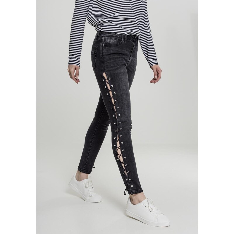 UC Ladies Dámské džínové kalhoty Lace Up Skinny Pants - černé