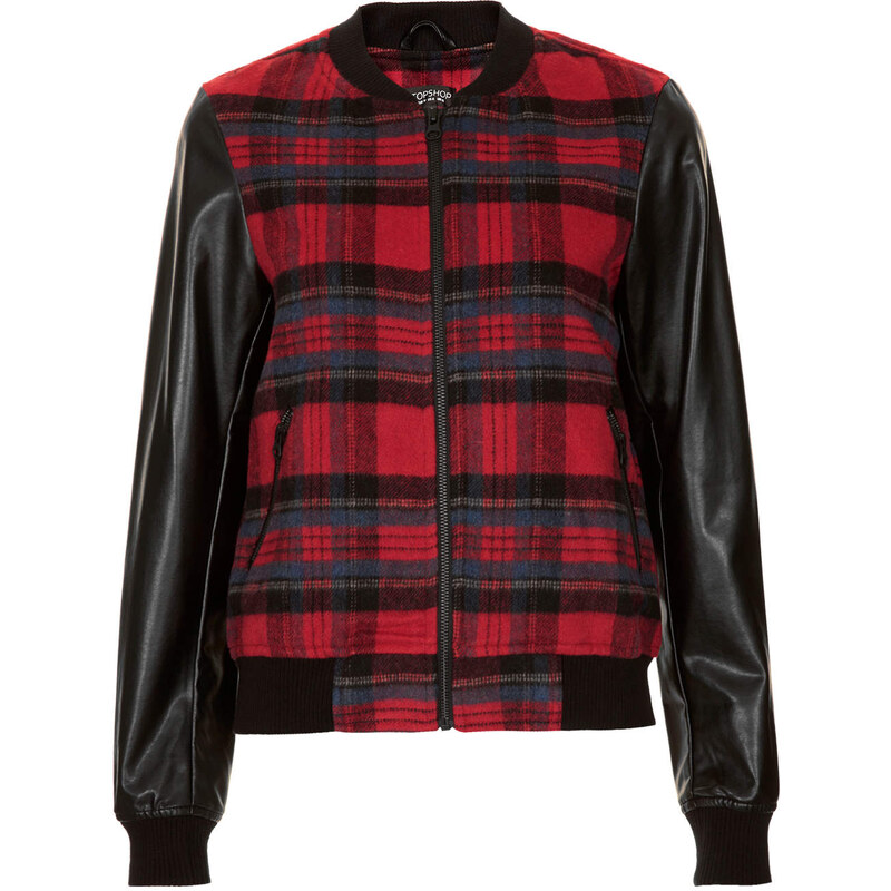 Topshop Check Wool Faux Leather Bomber