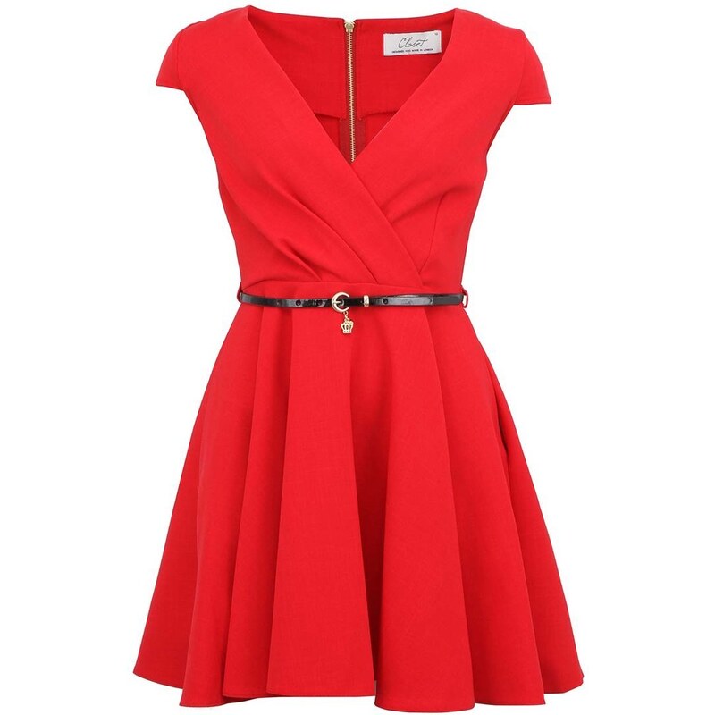 Červené šaty s černým páskem a širokou sukní Closet
