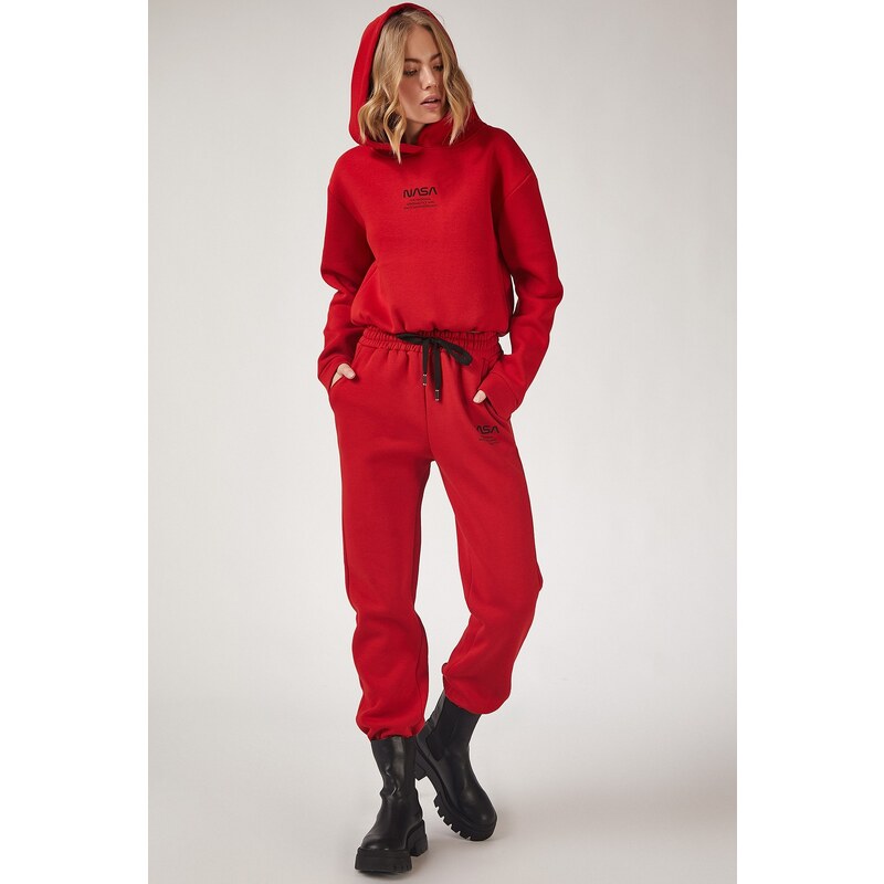 Happiness İstanbul Women's Red NASA Printed Fleece Tracksuit Suit