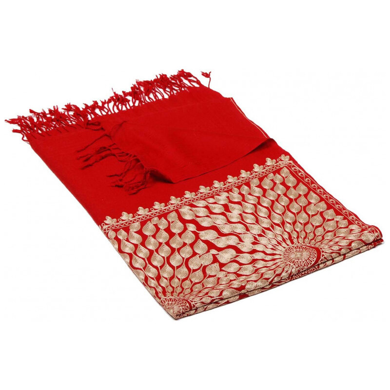 Pranita Kašmírská vlněná šála vyšívaná hedvábím tmavě červená se zlatou