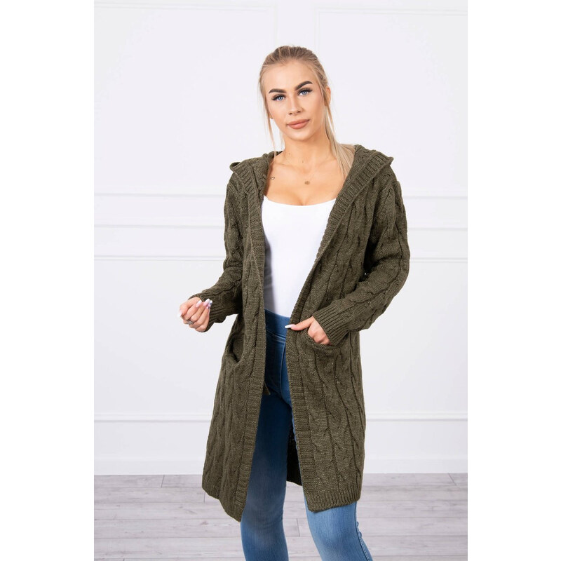 MladaModa Kardigánový svetr s kapucí a kapsami model 2019-24 barva khaki