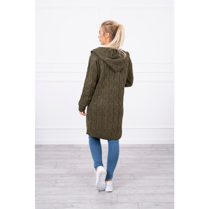 MladaModa Kardigánový svetr s kapucí a kapsami model 2019-24 barva khaki