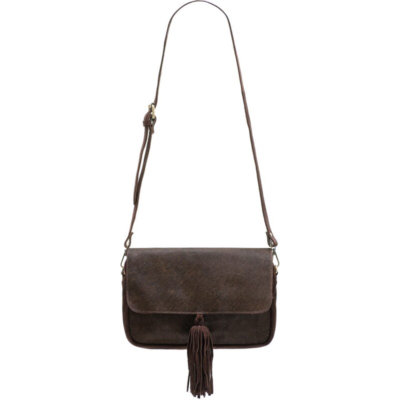 Due Linee Dámská kožená crossbody kabelka se srstí a třásní - tmavě 53942135