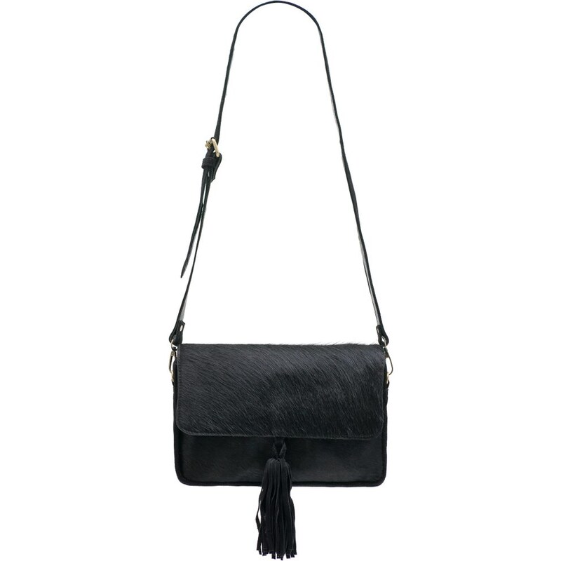 Due Linee Dámská kožená crossbody kabelka se srstí a třásní - černá 53942131
