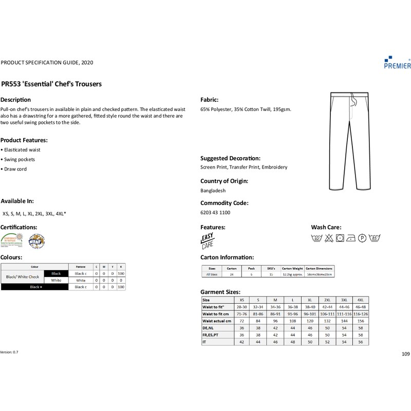 Unisex kuchařské kalhoty s elastickým pasem Premier