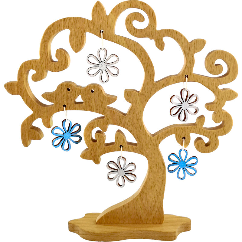 AMADEA Dřevěný 3D strom s ptáčky a barevnými květy, masivní dřevo, výška 20 cm
