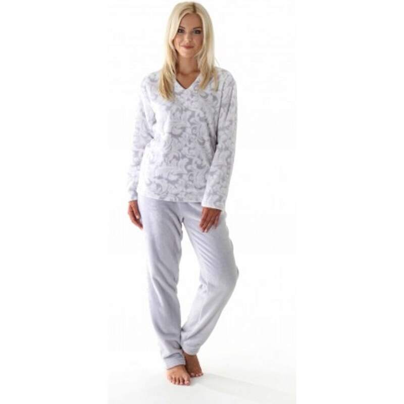 VESTIS Dámské dlouhé teplé pyžamo FLORA šedý tisk na bílé
