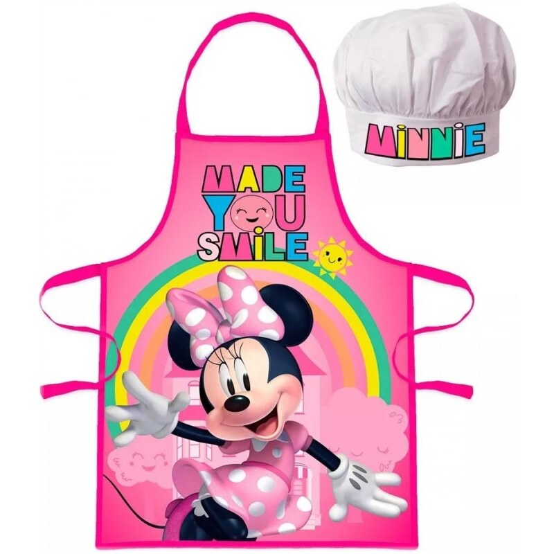 EUROSWAN Dětská / dívčí zástěra s kuchařskou čepicí Minnie Mouse - Disney - motiv s duhou - pro děti 3 - 8 let