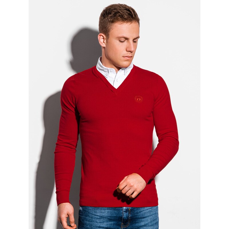 Ombre Clothing Pánský svetr s bílým límcem - červený V4 E120
