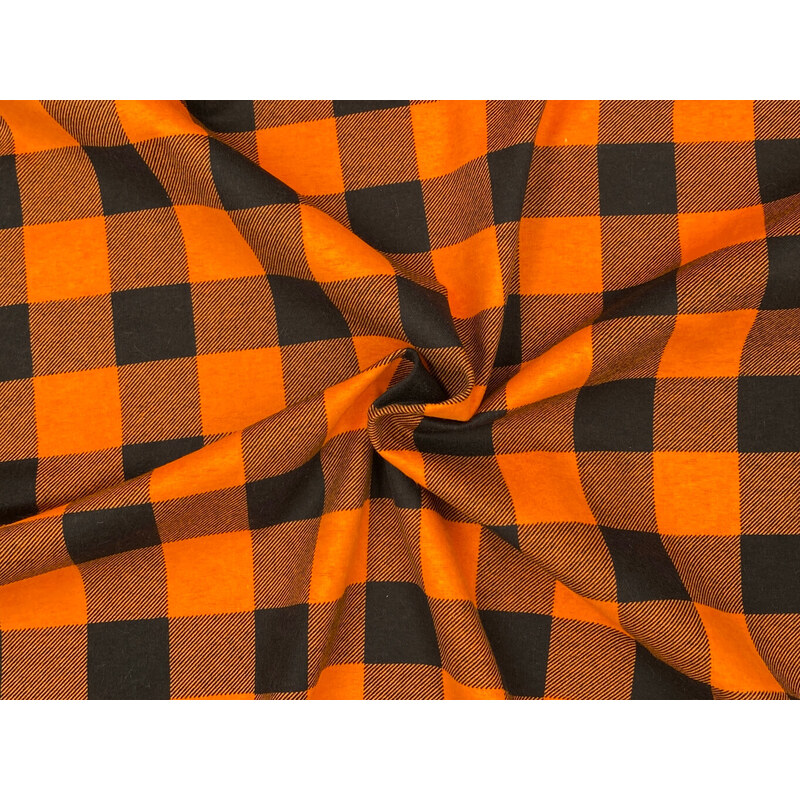 Mirtex Látka FLANEL 165 (K6 kostky velké oranžově-černé) -150cm / METRÁŽ NA MÍRU