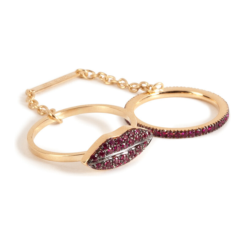 Delfina Delettrez 18kt Gold Double Ring with Ruby Lips and Band