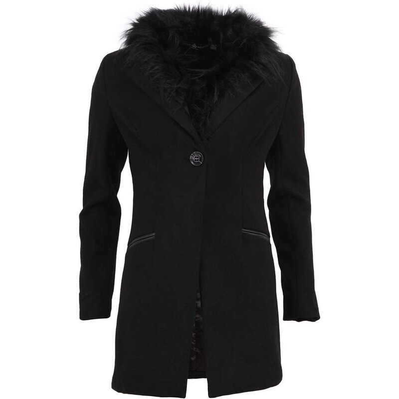 Černý vlněný kabát s kožíškovým límcem Little Mistress