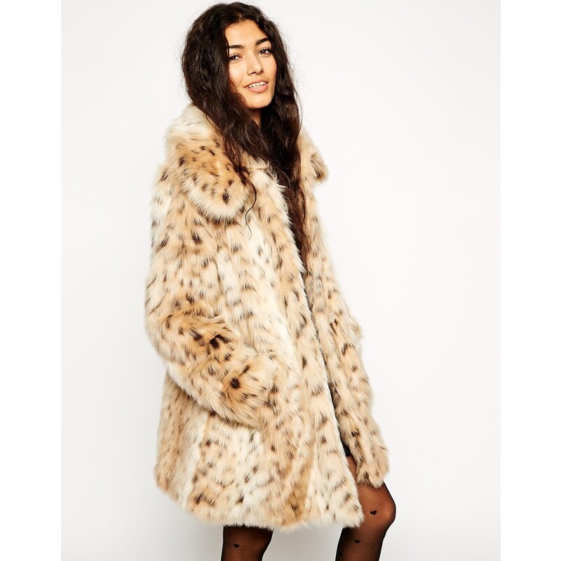 ASOS Faux Fur Leopard Print Coat - Brown