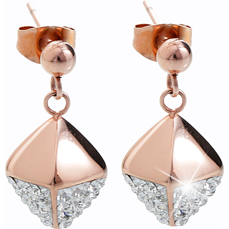 SkloBižuterie-J Ocelové náušnice Cube Swarovski Rose Gold Crystal