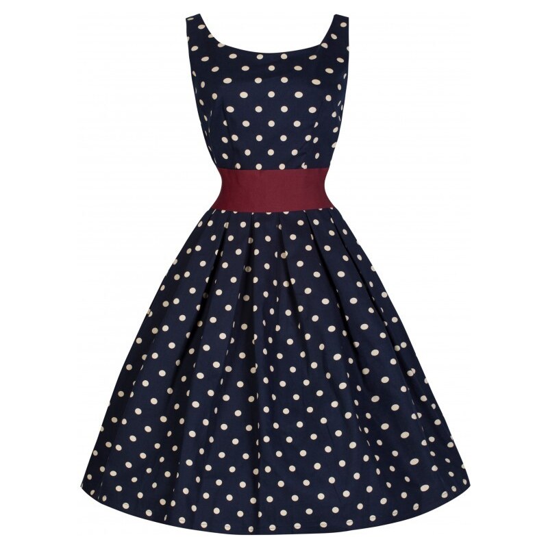 LANA tmavomodré puntíkované šaty ve stylu padesátých let - Retro Šaty