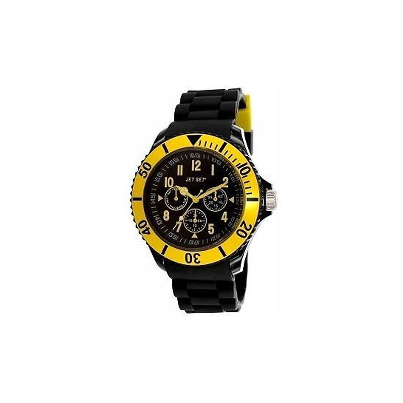 Černé plastové hodinky se žlutě lemovaným ciferníkem Jet Set