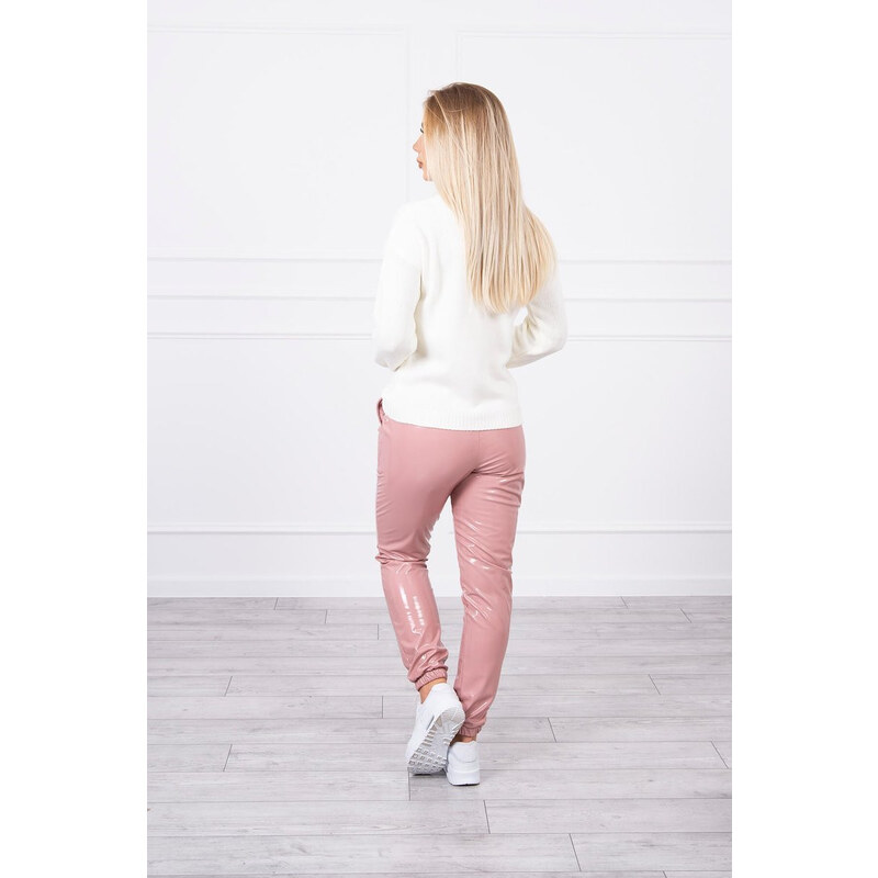 MladaModa Lesklé kalhoty se sametovou podšívkou růžové