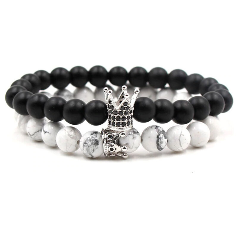BudNej Náramky pro páry KING and QUEEN CROWN z howlitu a onyxu MN3007 43877835