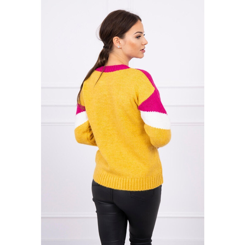 MladaModa Dvoubarevný svetr s véčkovým vzorem model 2019-51 fuchsiová+hořčicový