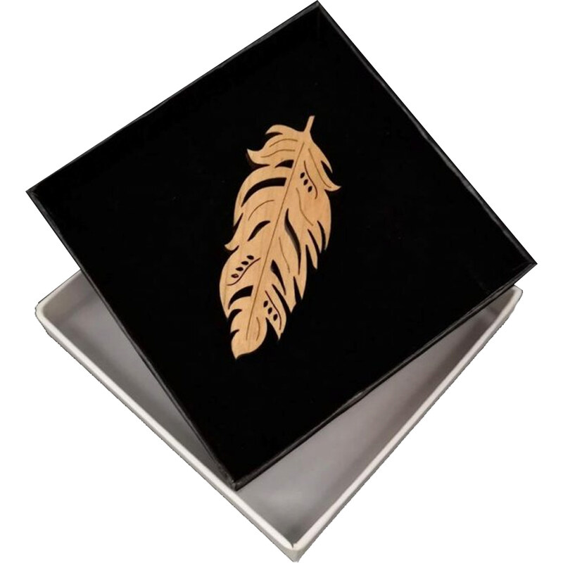 AMADEA Dřevěná brož peříčko, 6x3 cm