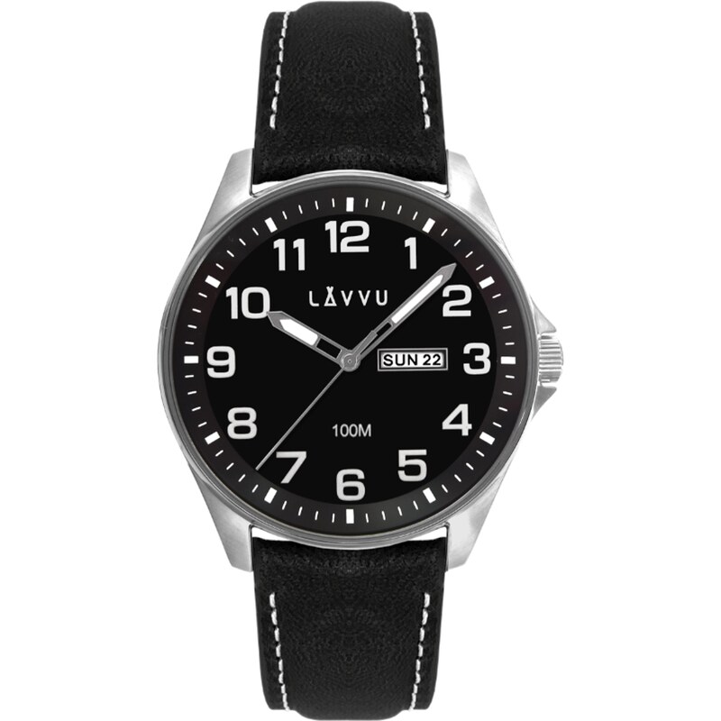 LAVVU Ocelové pánské hodinky BERGEN Black / Top Grain Leather se