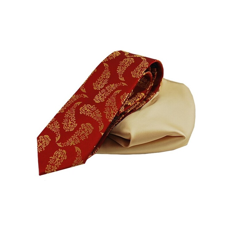 LM moda Červeno zlatý set, kravaty a kapesníčku