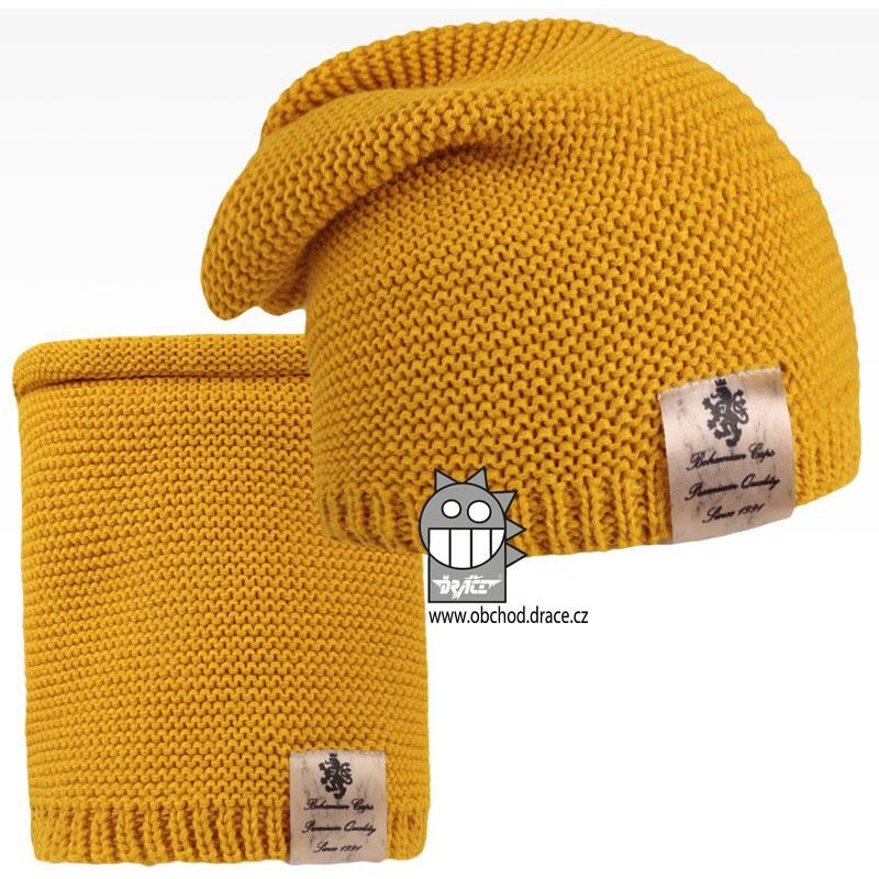 Čepice pletená a nákrčník Dráče - Colors set 12, hořčicová