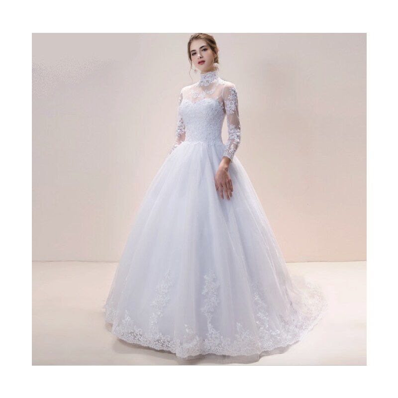 Donna Bridal luxusní svatební krajkové šaty ke krku, dlouhý rukáv + SPODNICE ZDARMA