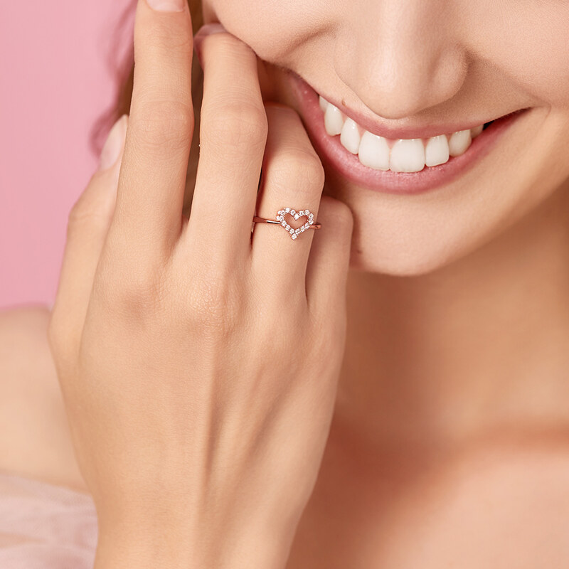 Emporial Royal Fashion prsten Třpytivé srdce Rose Gold 14k růžové zlato R14