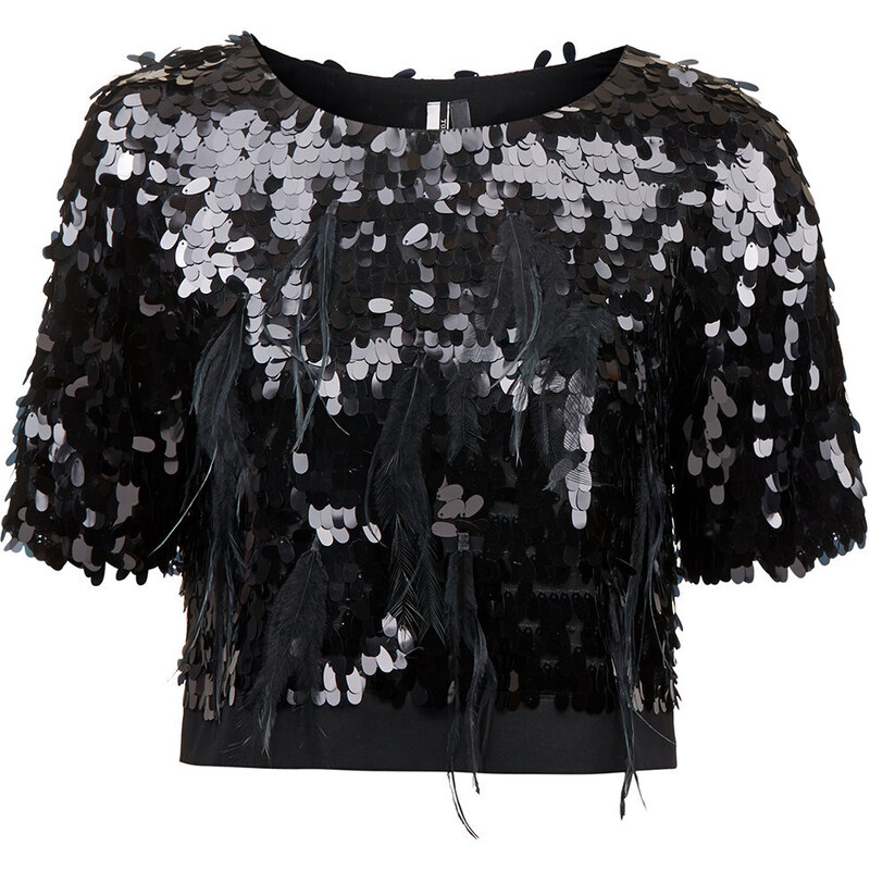 Topshop Limited Edition Sequin and Feather Crop Tee