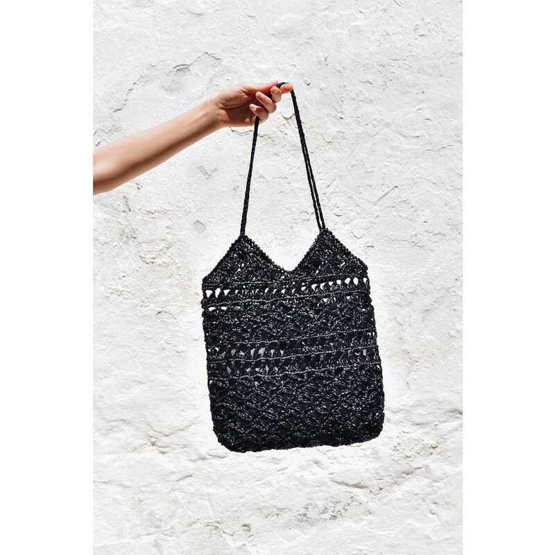Plexida Raffia Tote Bag In Black - Anemone