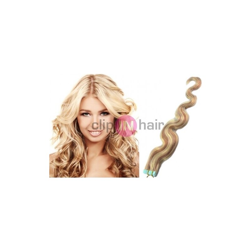 Clipinhair Vlasy pro metodu Pu Extension / TapeX / Tape Hair / Tape IN 60cm vlnité - platina / světle hnědá