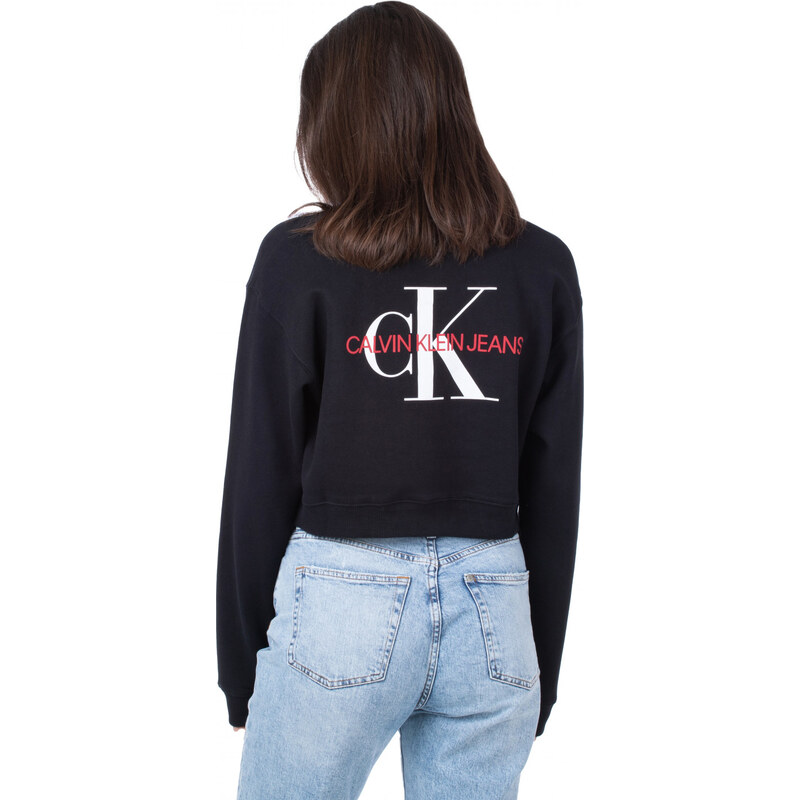 Calvin Klein dámská černá krátká mikina BACK MONOGRAM CROP BOYFRIEND