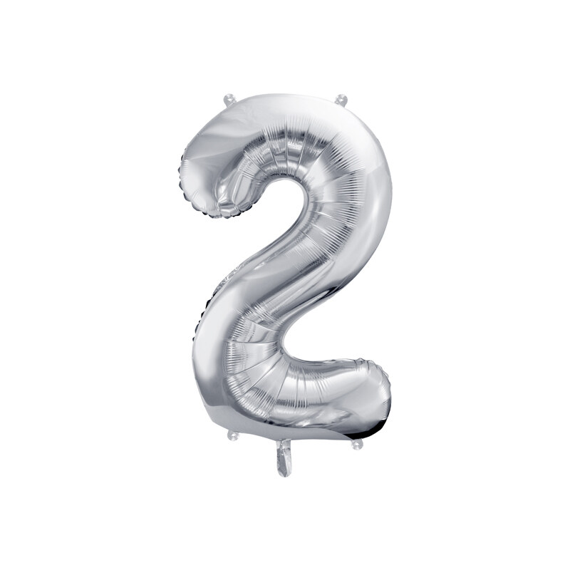 PartyDeco Fóliový balónek narozeninové číslo 2 stříbrný 86cm