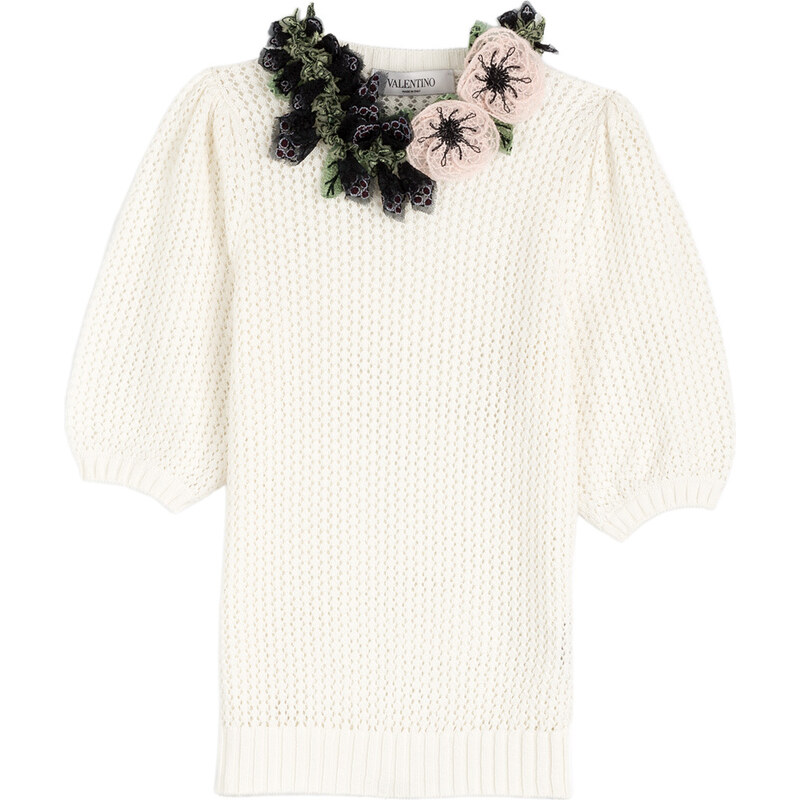 Valentino Cotton Knit Pullover with Decorative Floral Neckline