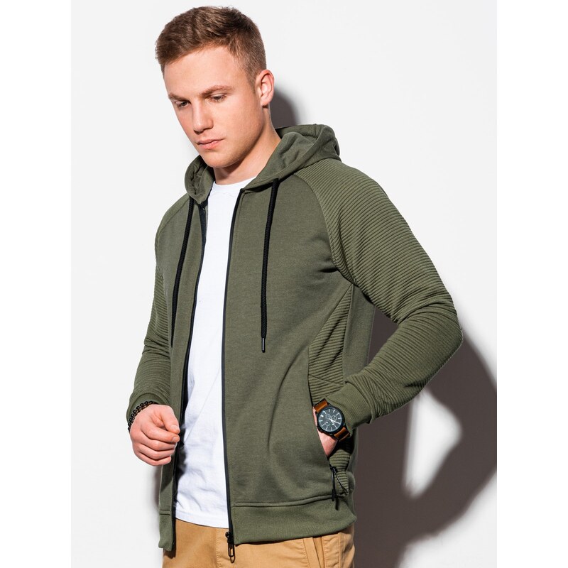 Ombre Clothing Pánská mikina s kapucí na zip - khaki V1 OM-SSZP-0124