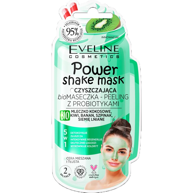Eveline cosmetics Power Shake Mask Čistící BIO pleťová maska s probiotiky - kiwi 10 ml