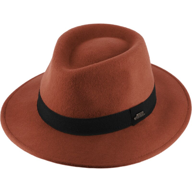 Cestovní nemačkavý klobouk vlněný od Fiebig - zrzavý s černou stuhou