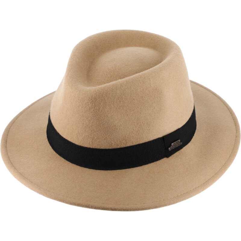 Cestovní nemačkavý klobouk vlněný od Fiebig - béžový s černou stuhou