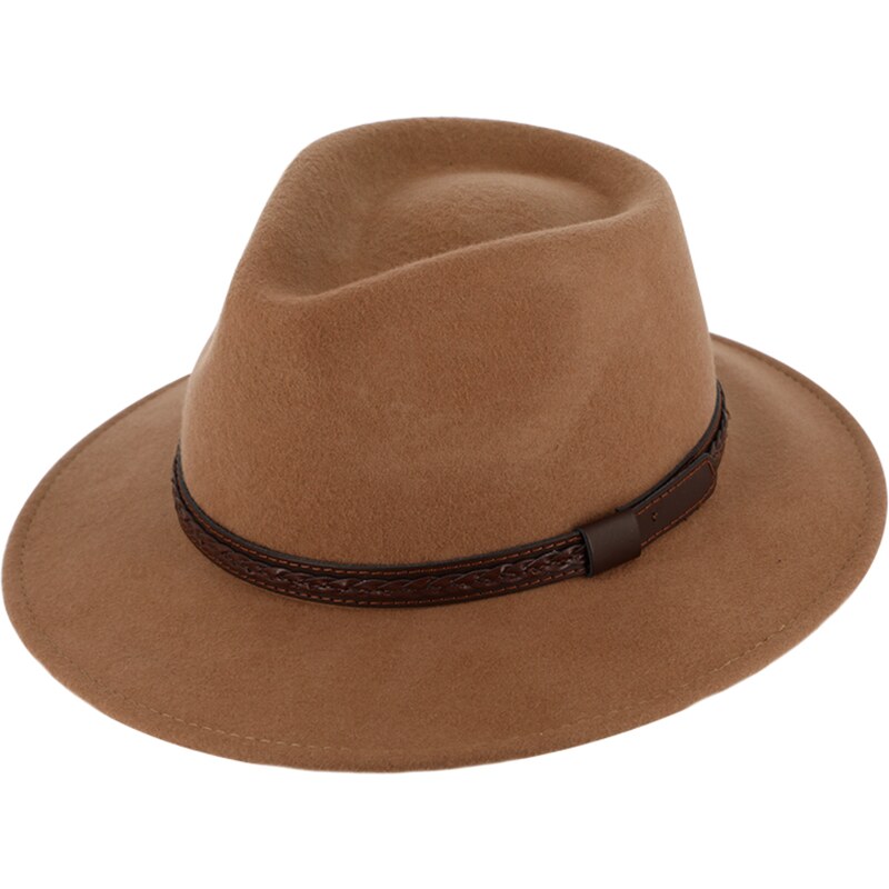 Cestovní klobouk vlněný od Fiebig - béžový s koženou stuhou - širák