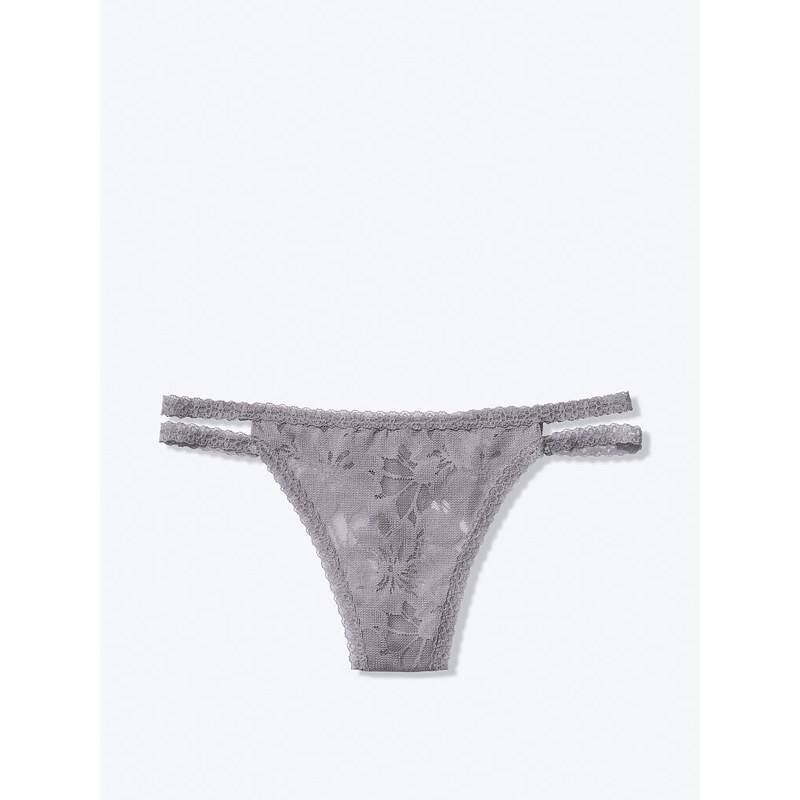 Victoria's Secret PINK Dámské krajkové kalhotky tanga Lace Strappy Thong Grey