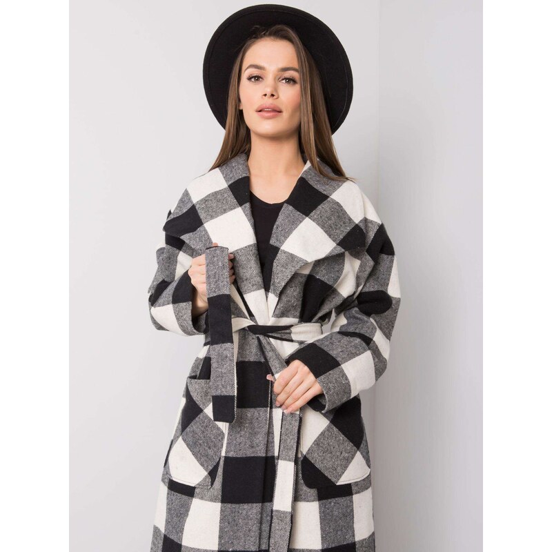 BASIC Černo-bílý kostkovaný dámský kabát -white-black Károvaný vzor