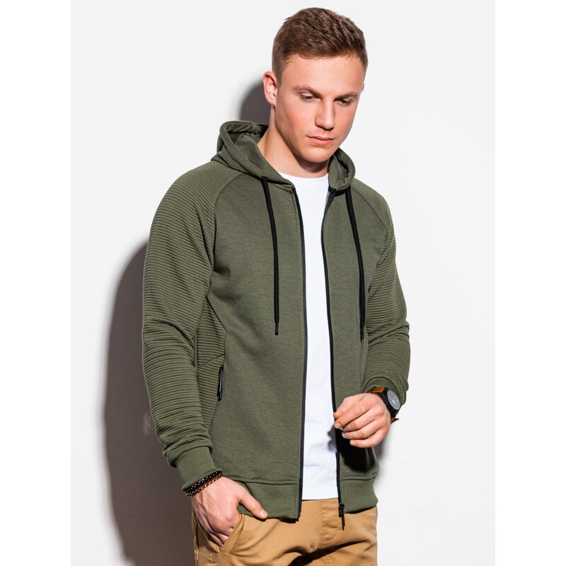 Ombre Clothing Pánská mikina s kapucí na zip - khaki V1 OM-SSZP-0124