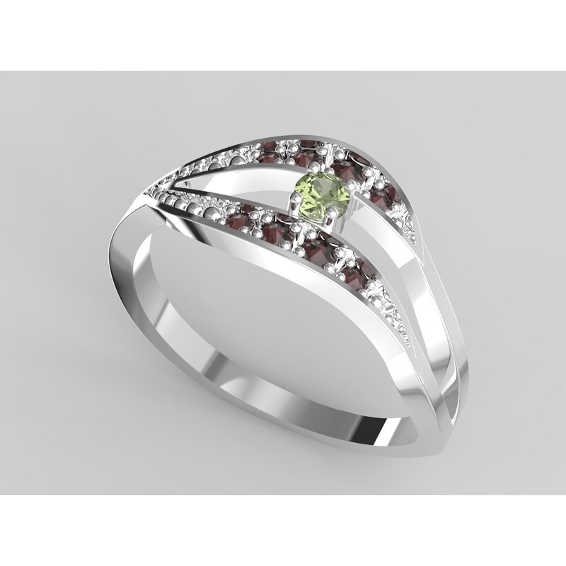 JEWSTONE Stříbrný prsten - vltavín, granát 2,2 g, Ag 925/1000+Rh - GLAMI.cz